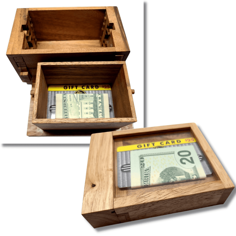 Juego de dos piezas de caja de rompecabezas con tarjeta de regalo: retiro de efectivo y caja de seguridad secreta